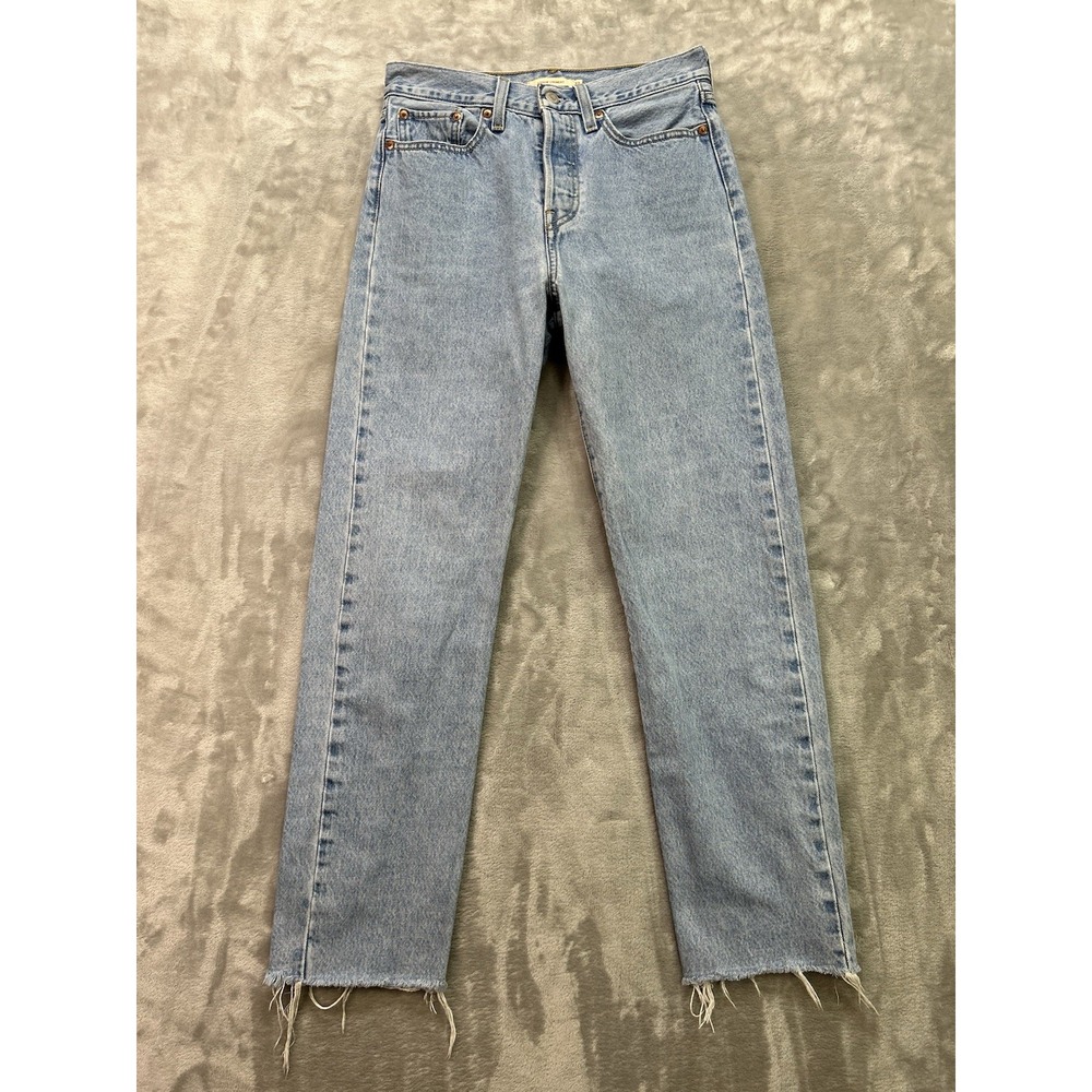 Levis Premium Big E Wedgie Straight Button Fly Womens W27 L30 Raw Hem Grunge